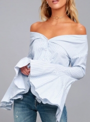 Fashion Stripe Off Shoulder Flare Sleeve Shirt