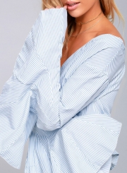 Fashion Stripe Off Shoulder Flare Sleeve Shirt