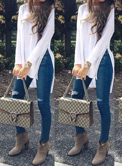 Long Sleeve Side Slit High Low Tee YOUYOUFASHIONEC.com