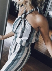 Fashion Backless Halter Striped Jumpsuits