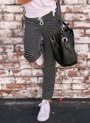 Stripe Drawstring Waist Casual Ankle Pants