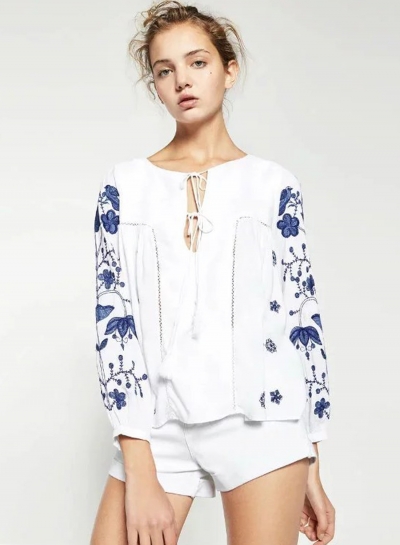 Fashion Long Sleeve Floral Embroidered Blouse