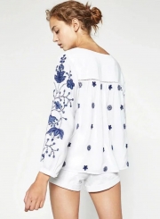 Fashion Long Sleeve Floral Embroidered Blouse