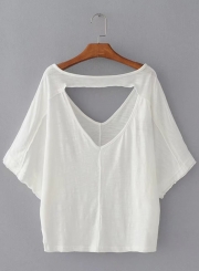 V Neck Short Sleeve Backless Loose Tee