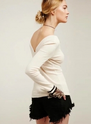 V Neck Long Sleeve Backless Slim Fit Lace Tee