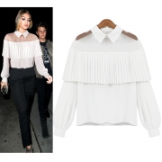 Turn-Down Collar Long Sleeve Pleated Shoulder Blouse