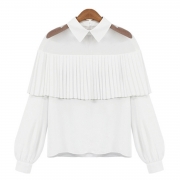 Turn-Down Collar Long Sleeve Pleated Shoulder Blouse