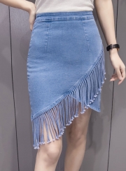 Fashion Cropped Washed Denim Skirt Fringe Tassel Skirt