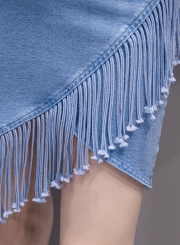 Fashion Cropped Washed Denim Skirt Fringe Tassel Skirt