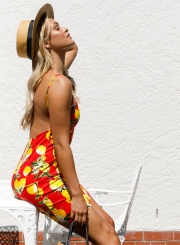 Sexy Fruit Printed Spaghetti Strap Backless Slim Dress