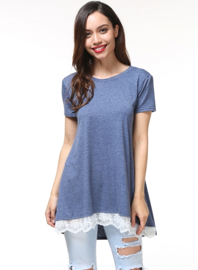 Round Neck Short Sleeve Stitching Lace Tee YOUYOUFASHIONEC.com