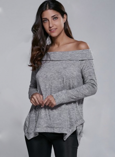 Off Shoulder Long sleeve Irregular Tee Shirt YOUYOUFASHIONEC.com