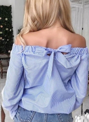 Fashion Slash Neck Off Shoulder Bow Striped Printed Blouse