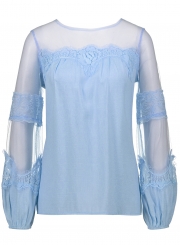 Round Neck Stitching lace Lantern Sleeve Loose Blouse