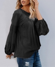 Round Neck Stitching lace Lantern Sleeve Loose Blouse