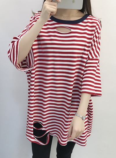 Round Neck Hole Striped Printed T-shirt Dress YOUYOUFASHIONEC.com