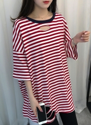 Round Neck Hole Striped Printed T-shirt Dress