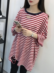 Round Neck Hole Striped Printed T-shirt Dress