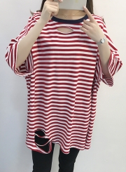 Round Neck Hole Striped Printed T-shirt Dress