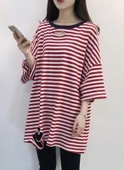 Round Neck Hole Striped Printed T-shirt Dress