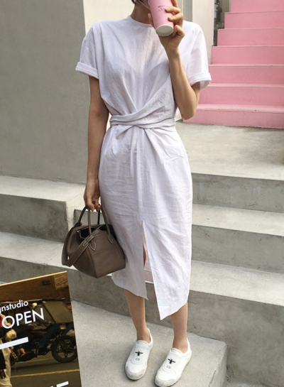 Round Neck Slit T-shirt Dress YOUYOUFASHIONEC.com