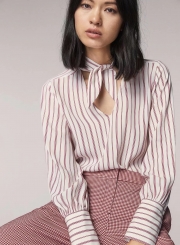 V Neck Long Sleeve Striped Printed Blouse