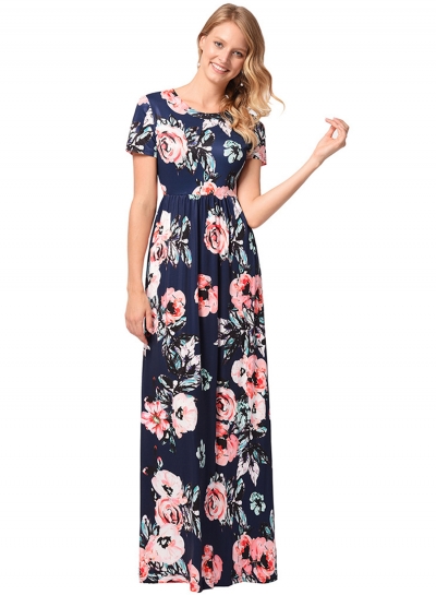 Floral Printed Short Sleeve Maxi Dress LEXELFASHIONINTSHOPS.com