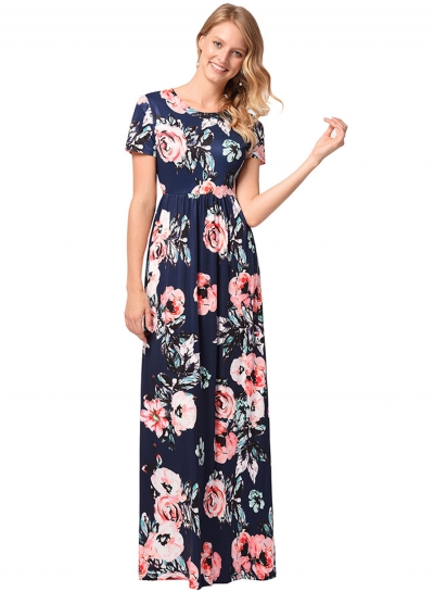 Floral Printed Short Sleeve Maxi Dress