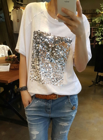 Sequin Decoration Short Sleeve Tee Shirt YOUYOUFASHIONEC.com