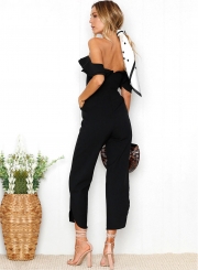 Off Shoulder Backless Flounce Sleeve Slit Jumpsuits