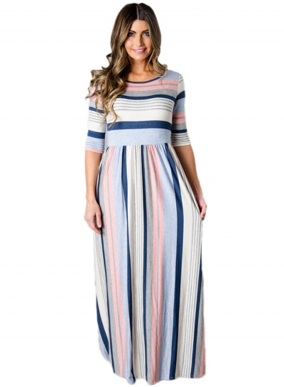 Fashion Round Neck Half Sleeve Striped Printed Maxi Dress LEXELFASHIONINTSHOPS.com