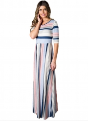 Fashion Round Neck Half Sleeve Striped Printed Maxi Dress