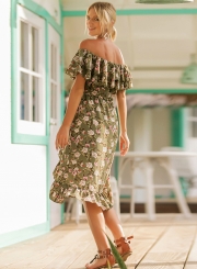 Slash Neck Off Shoulder Flounce Floral Printed Dress