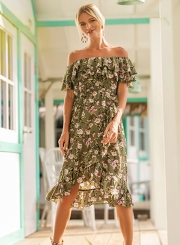 Slash Neck Off Shoulder Flounce Floral Printed Dress