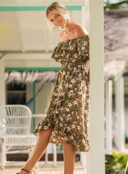 Slash Neck Off Shoulder Flounce Floral Printed Dress