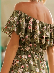 Slash Neck Off Shoulder Flounce Floral Printed Dress