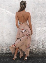 Fashion Spaghetti Strap Floral Printed Irregular Dress