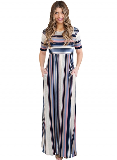 Fashion Round Neck Half Sleeve Striped Printed Maxi Dress YOUYOUFASHIONEC.com