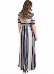Fashion Round Neck Half Sleeve Striped Printed Maxi Dress
