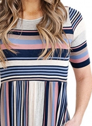 Fashion Round Neck Half Sleeve Striped Printed Maxi Dress