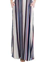 Fashion Round Neck Half Sleeve Striped Printed Maxi Dress