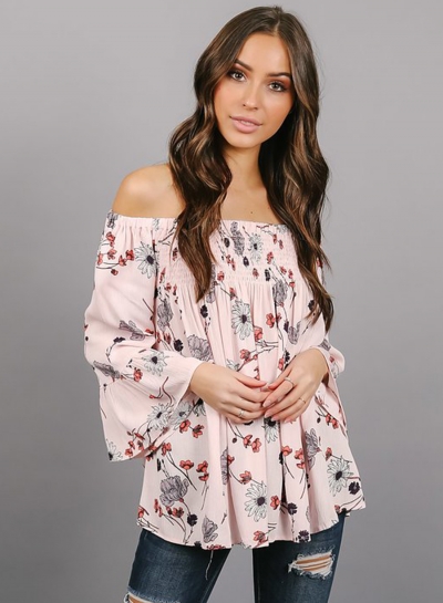 Slash Neck Off Shoulder Flare Sleeve Floral Printed Blouse YOUYOUFASHIONEC.com