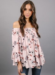 Slash Neck Off Shoulder Flare Sleeve Floral Printed Blouse