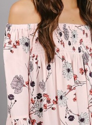 Slash Neck Off Shoulder Flare Sleeve Floral Printed Blouse