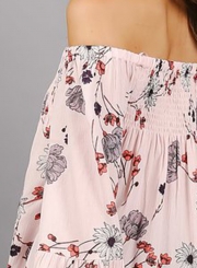 Slash Neck Off Shoulder Flare Sleeve Floral Printed Blouse