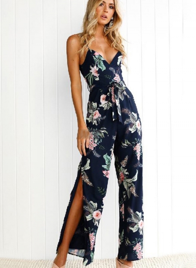 Spaghetti Strap Backless Slit Floral Printed Jumpsuits