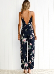 Spaghetti Strap Backless Slit Floral Printed Jumpsuits