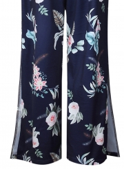 Spaghetti Strap Backless Slit Floral Printed Jumpsuits