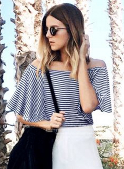 Slash Neck Striped Printed Tee Shirt