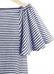 Slash Neck Striped Printed Tee Shirt